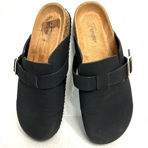 Forever Black Slip-On Mules Clogs with Side Buckle Close Toe